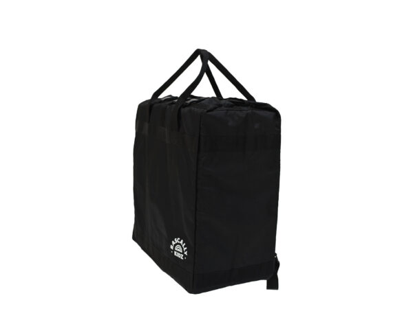 Black stroller travel bag with backpack straps and Rascally Kidz logo, shown angle-facing