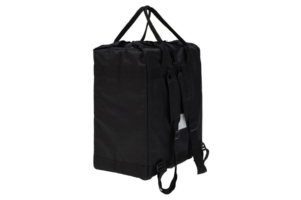 Black stroller travel bag with handles, backpack straps and is shown angle-facing to the back