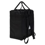 Black stroller travel bag with handles, backpack straps and is shown angle-facing to the back