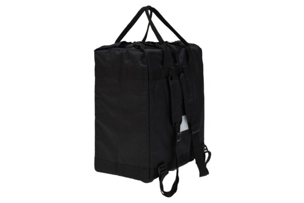 Black stroller travel bag with handles, backpack straps and is shown angle-facing to the back