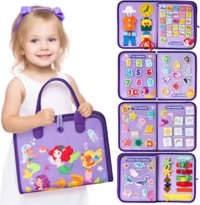 Mermaid theme blue busy board book with removable 5-page design, featuring zippers, laces, buttons and educational activities for toddlers