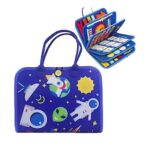 Space theme blue busy board book with removable 5-page design, featuring zippers, laces, buttons and educational activities for toddlers