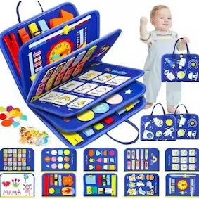 Space theme blue busy board book with removable 5-page design, featuring zippers, laces, buttons and educational activities for toddlers