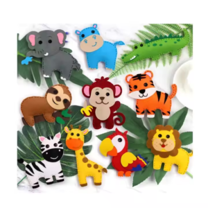 DIY felt jungle animal sewing kit for kids with pre-cut pieces, threads, and accessories
