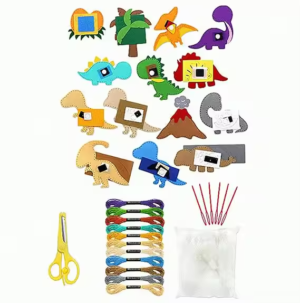 DIY felt dinosaur sewing kit for kids with pre-cut pieces, threads, and accessories