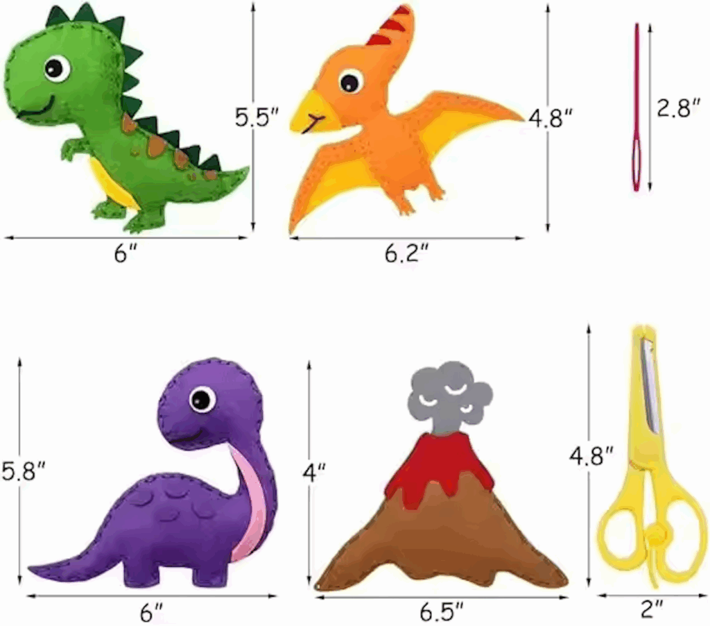 DIY felt dinosaur sewing kit for kids with pre-cut pieces, threads, and accessories