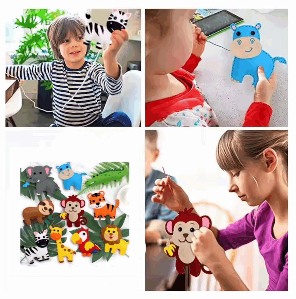 DIY felt jungle animal sewing kit for kids in action with pre-cut pieces, threads, and accessories