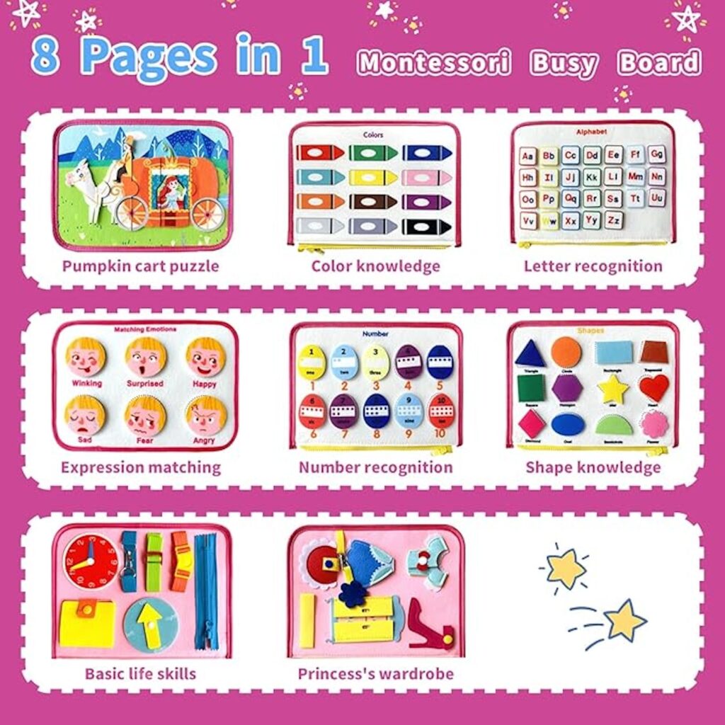 Rascally Kidz Montessori busy board book with removable 5-page design, featuring zippers, laces, buttons and educational activities for toddlers