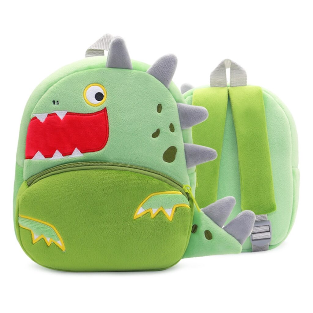 Cute plush animal backpack for toddlers with adjustable straps and dinosaur cartoon design