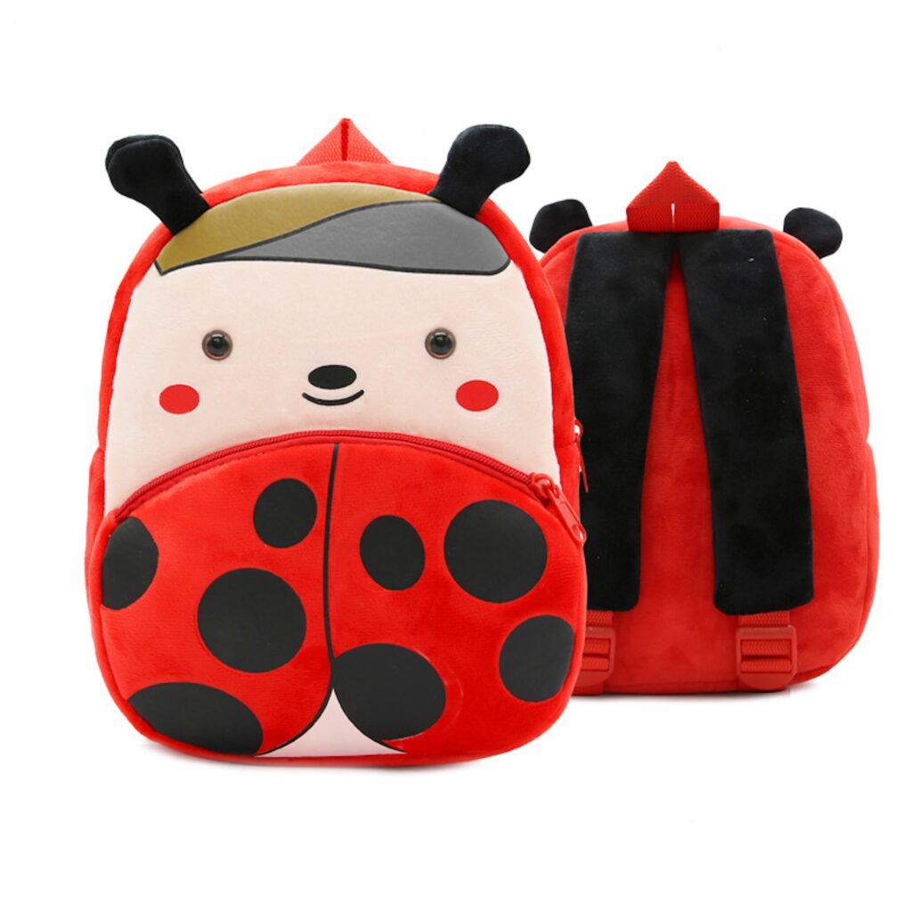 Cute plush ladybird animal backpack for toddlers with adjustable straps and cartoon design