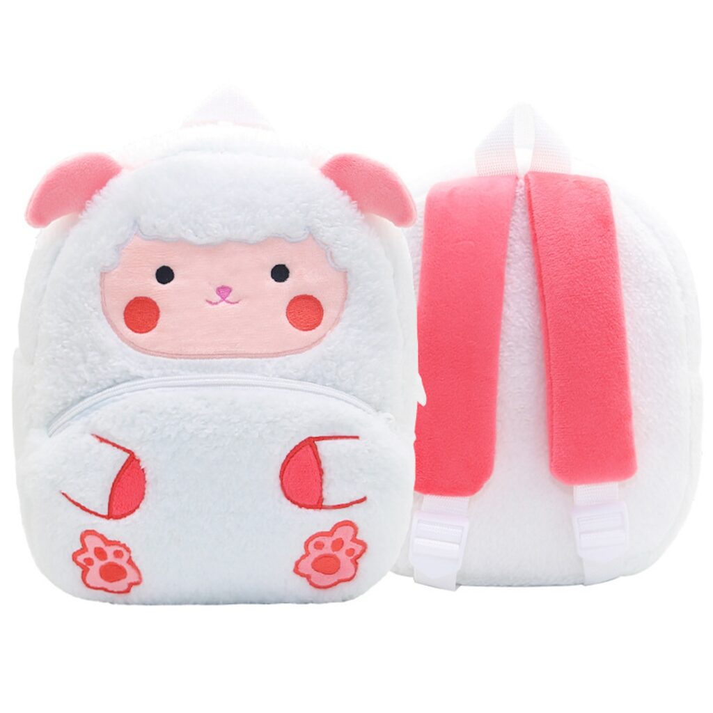 Cute plush lamb animal backpack for toddlers with adjustable straps and cartoon design