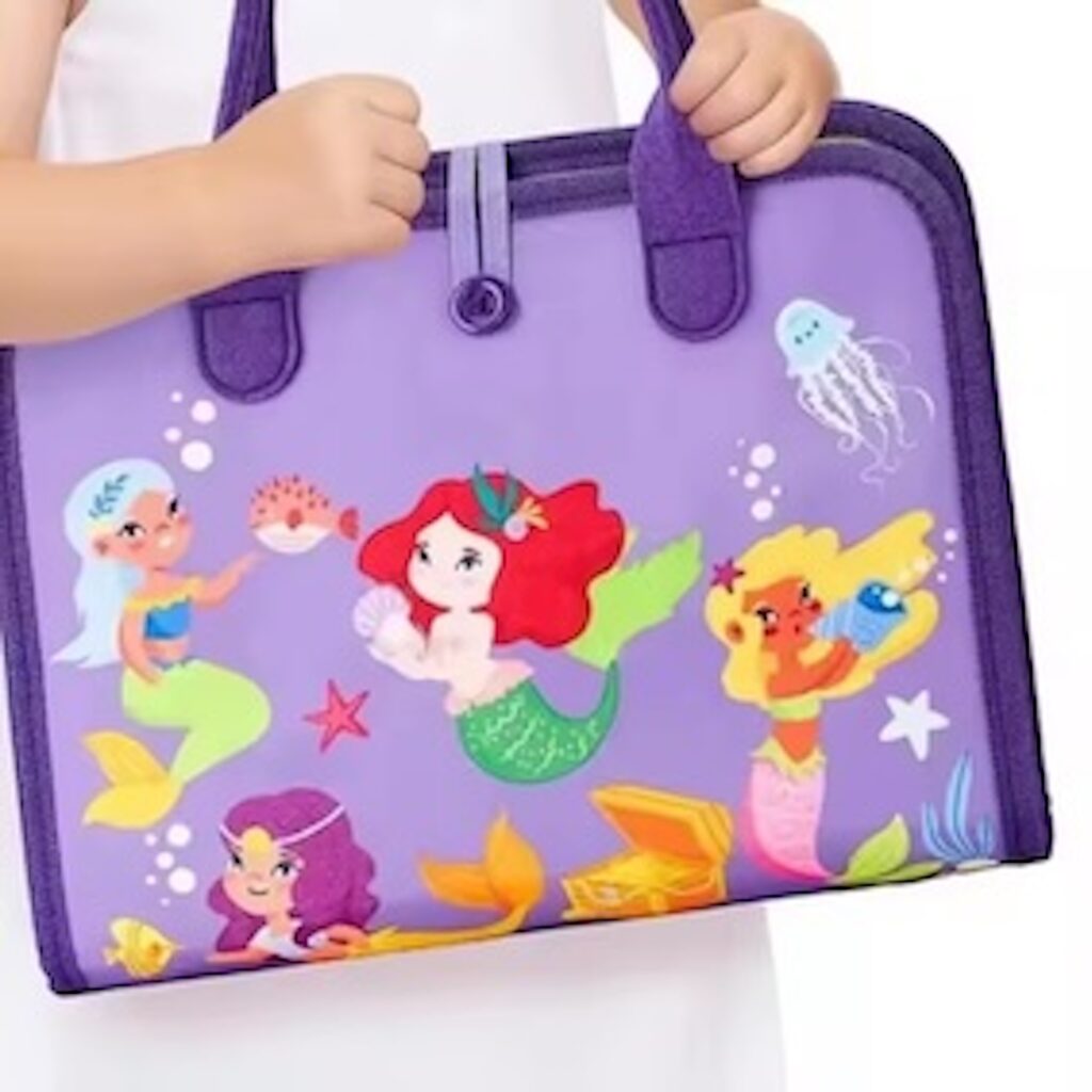 Mermaid theme blue busy board book with removable 5-page design, featuring zippers, laces, buttons and educational activities for toddlers