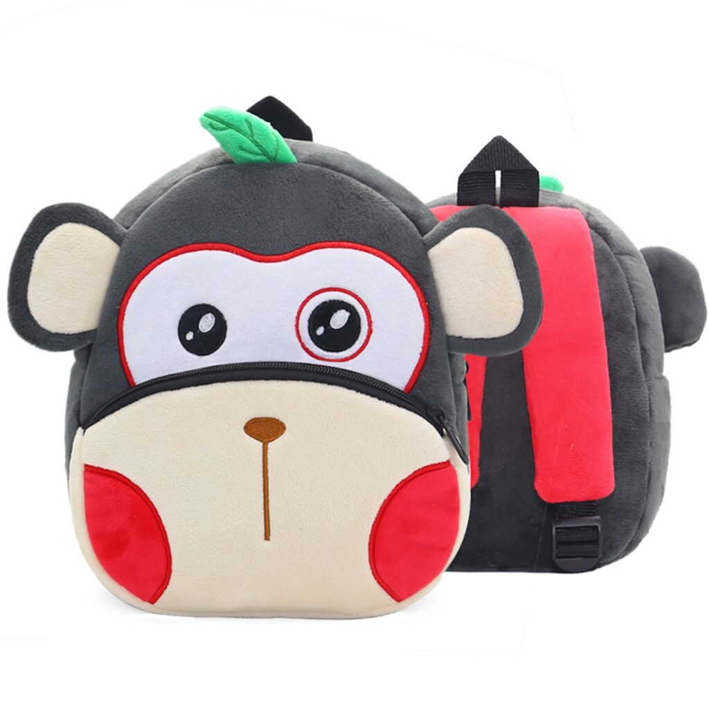 Cute plush monkey animal backpack for toddlers with adjustable straps and cartoon design