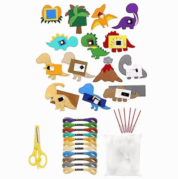 DIY felt dinosaur sewing kit for kids with pre-cut pieces, threads, and accessories