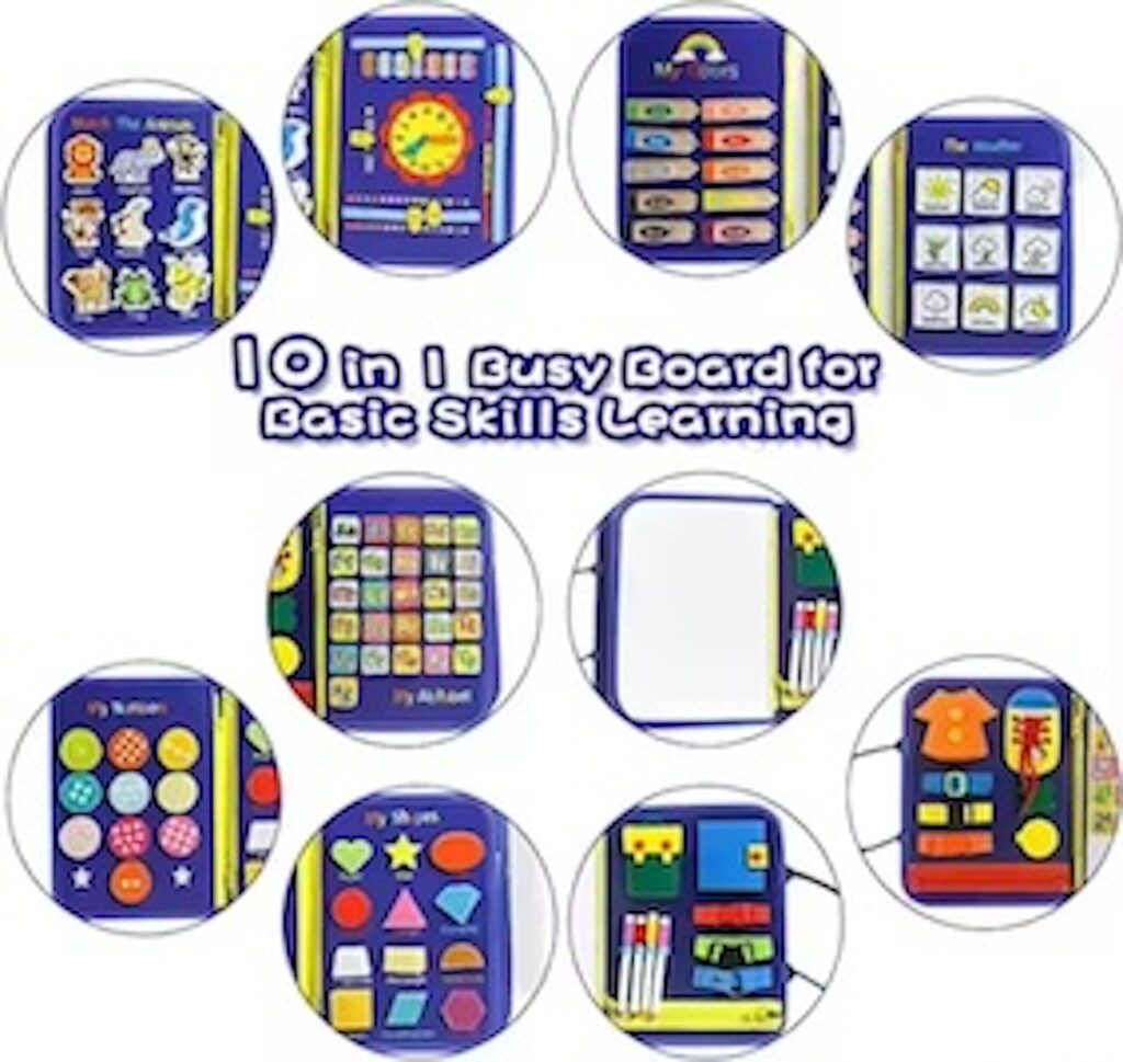 Space theme blue busy board book with removable 5-page design, featuring zippers, laces, buttons and educational activities for toddlers