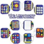 Space theme blue busy board book with removable 5-page design, featuring zippers, laces, buttons and educational activities for toddlers