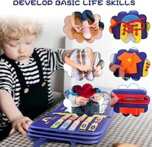 Space theme blue busy board book with removable 5-page design, featuring zippers, laces, buttons and educational activities for toddlers