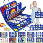 Space theme blue busy board book with removable 5-page design, featuring zippers, laces, buttons and educational activities for toddlers
