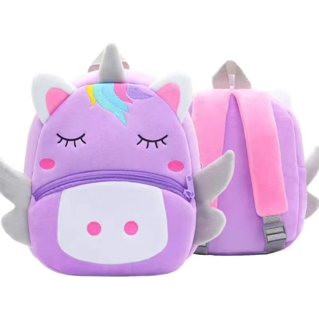 Cute plush unicorn animal backpack for toddlers with adjustable straps and cartoon design