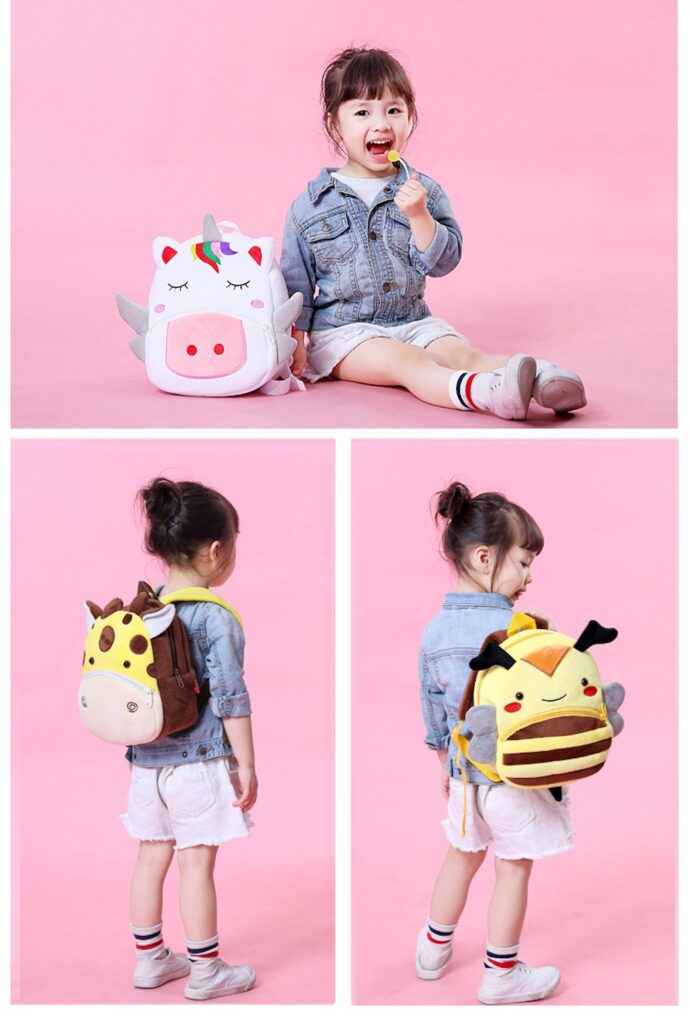 Cute plush unicorn and bee animal backpack for toddlers with adjustable straps and cartoon design