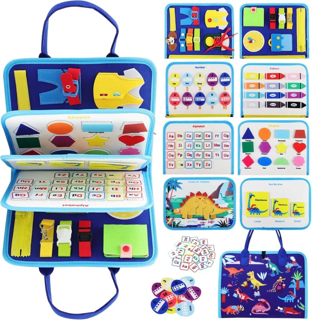 Rascally Kidz Montessori busy board book with removable 5-page design, featuring zippers, laces, buttons and educational activities for toddlers