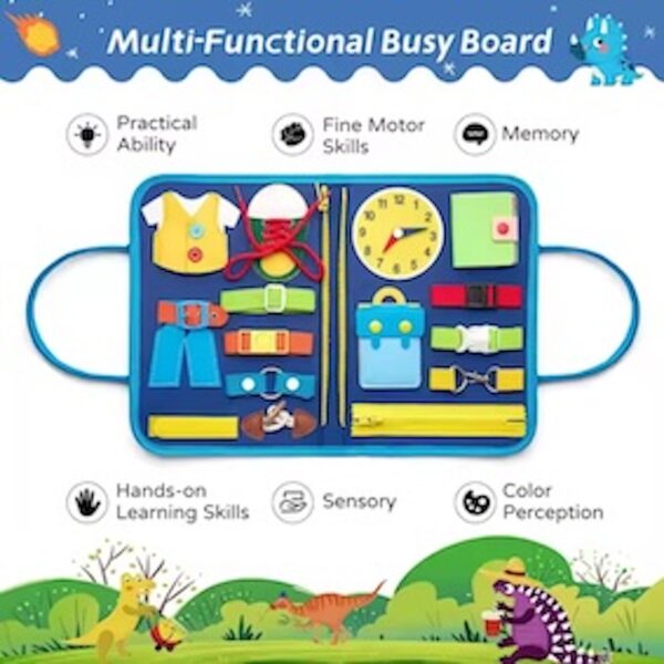 Rascally Kidz Montessori busy board book with removable 5-page design, featuring zippers, laces, buttons and educational activities for toddlers