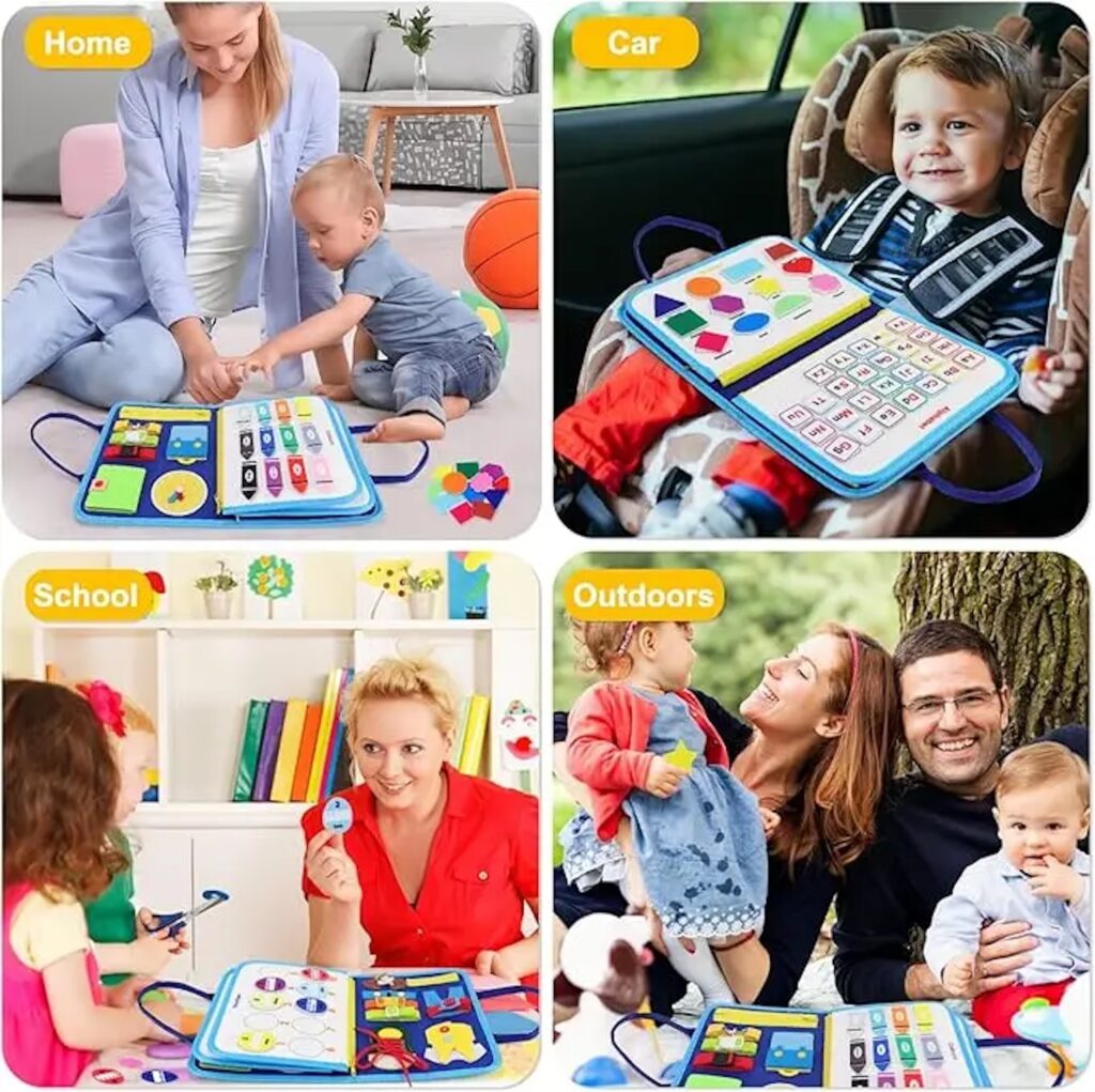 Rascally Kidz Montessori busy board book with removable 5-page design, featuring zippers, laces, buttons and educational activities for toddlers