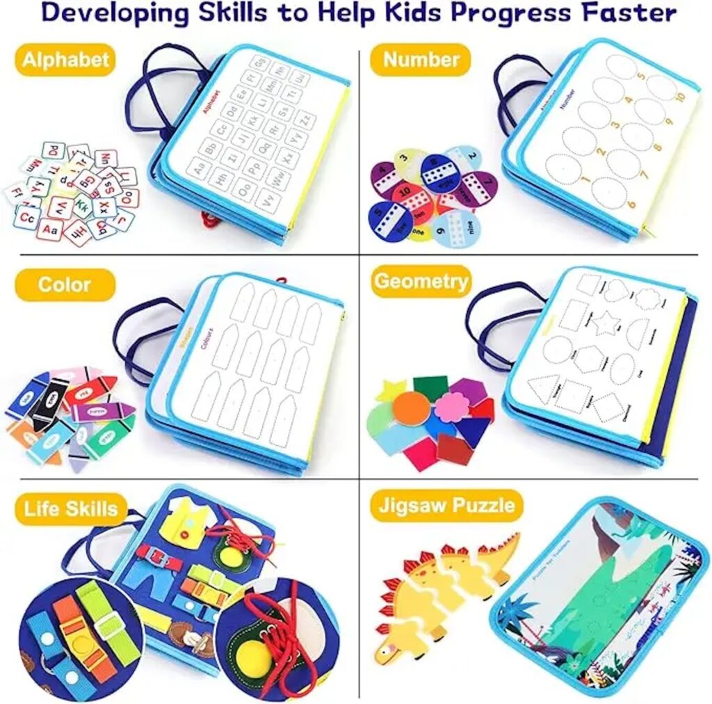 Rascally Kidz Montessori busy board book with removable 5-page design, featuring zippers, laces, buttons and educational activities for toddlers