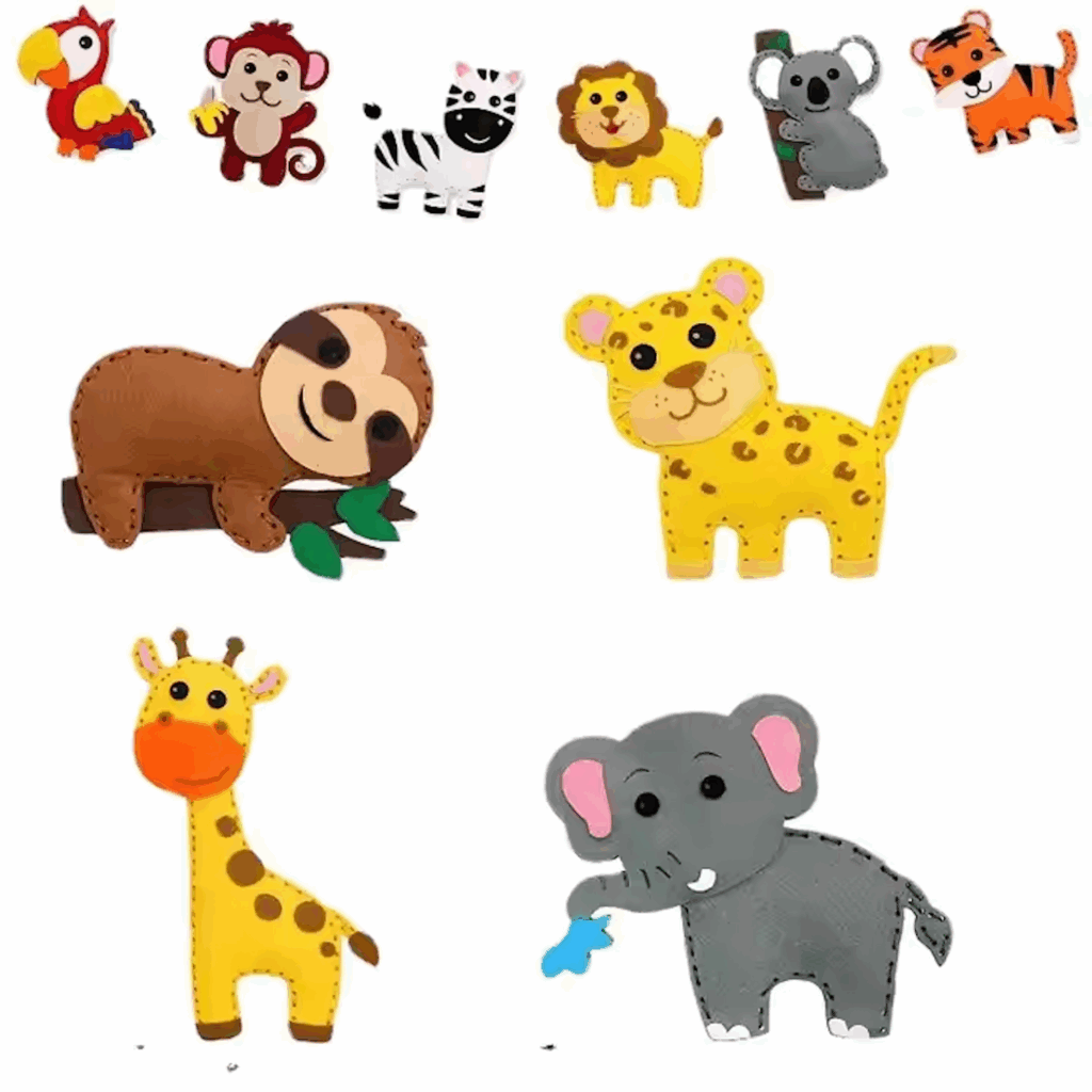 DIY felt jungle animal sewing kit for kids with pre-cut pieces, threads, and accessories