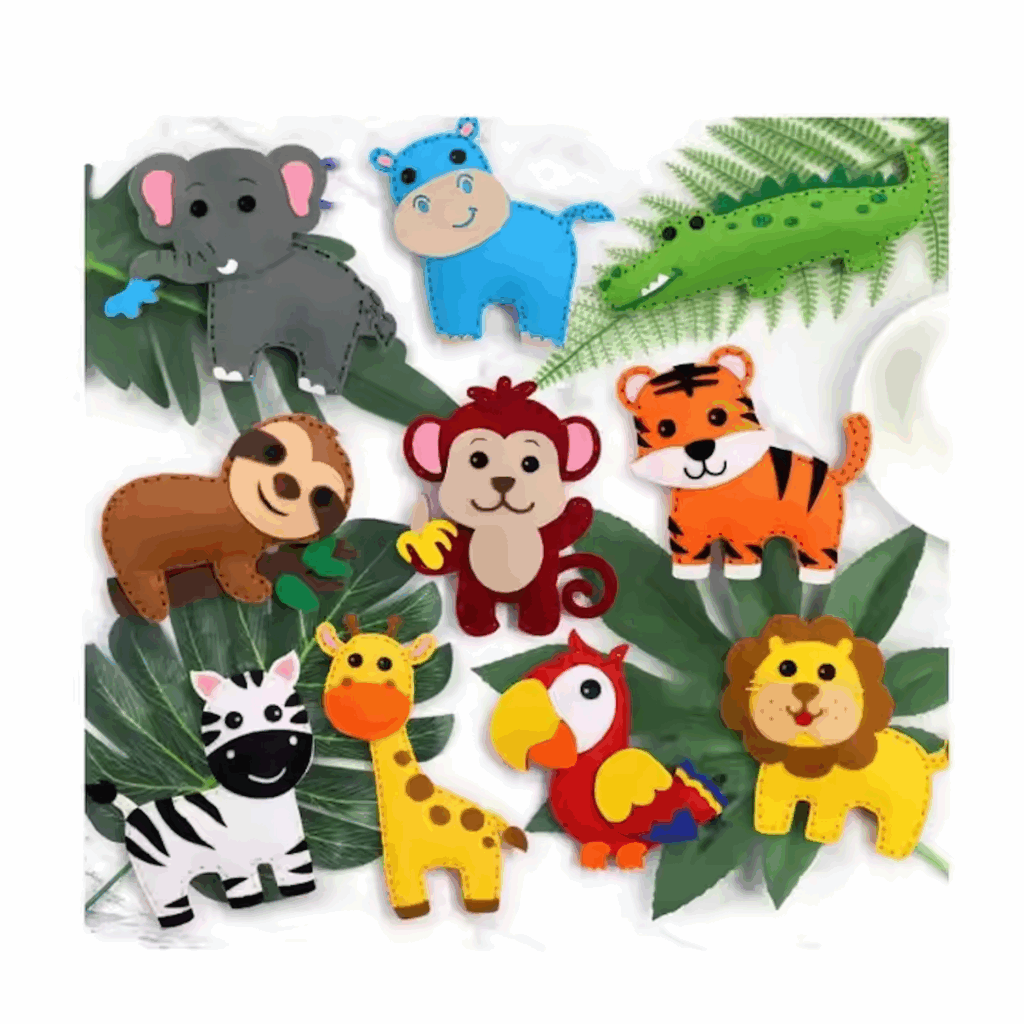 DIY felt jungle animal sewing kit for kids with pre-cut pieces, threads, and accessories