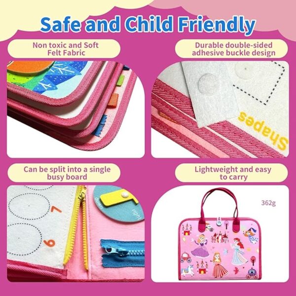 Rascally Kidz Montessori busy board book with removable 5-page design, featuring zippers, laces, buttons and educational activities for toddlers
