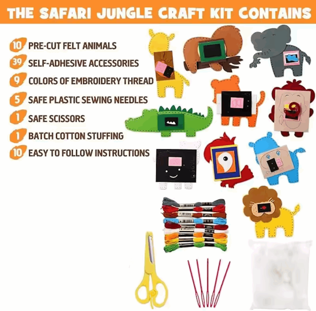 DIY felt jungle animal sewing kit for kids with pre-cut pieces, threads, and accessories