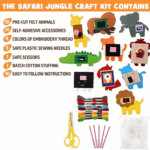 DIY felt jungle animal sewing kit for kids with pre-cut pieces, threads, and accessories