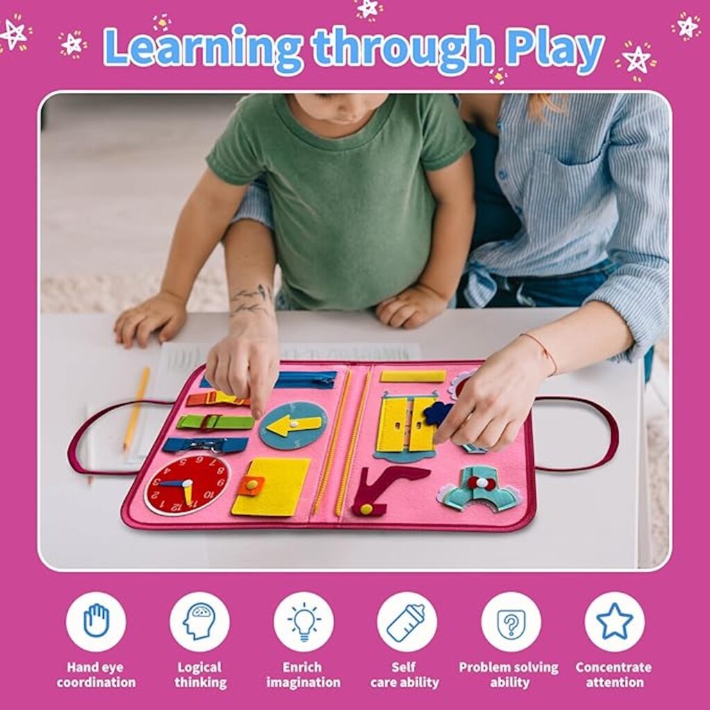 Rascally Kidz Montessori busy board book with removable 5-page design, featuring zippers, laces, buttons and educational activities for toddlers