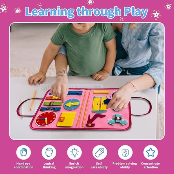 Rascally Kidz Montessori busy board book with removable 5-page design, featuring zippers, laces, buttons and educational activities for toddlers