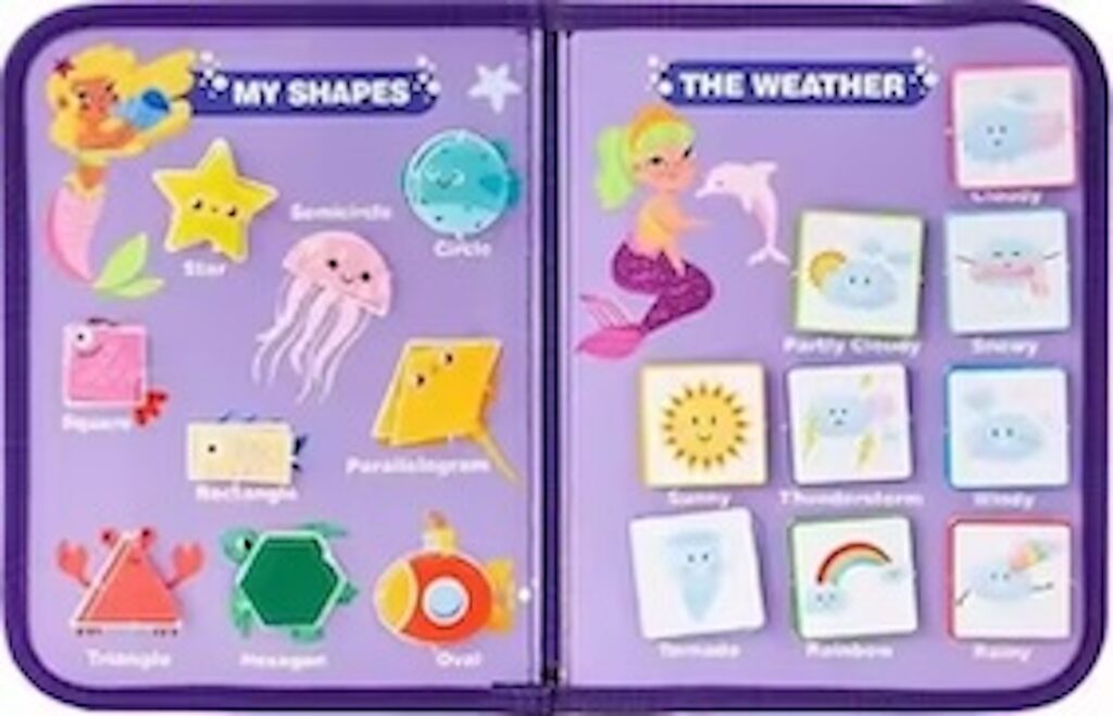 Mermaid theme blue busy board book with removable 5-page design, featuring zippers, laces, buttons and educational activities for toddlers