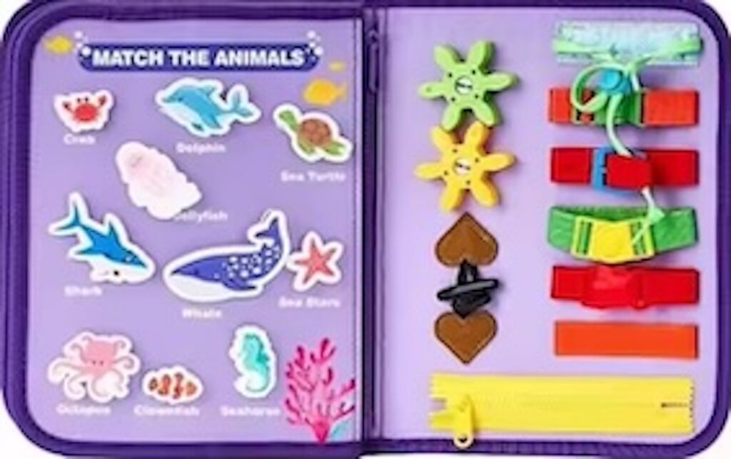 Mermaid theme blue busy board book with removable 5-page design, featuring zippers, laces, buttons and educational activities for toddlers