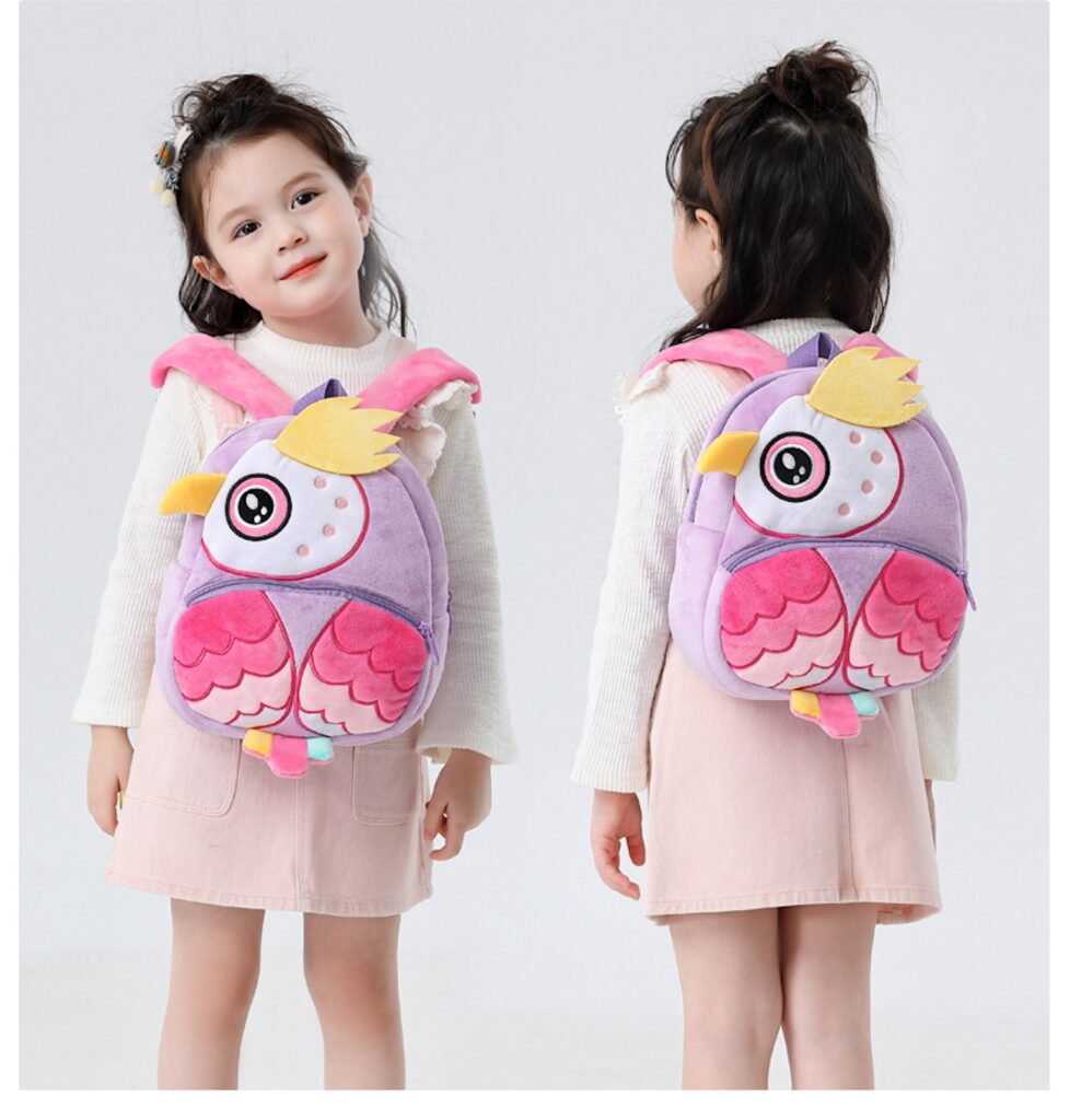 Cute plush owl animal backpack for toddlers with adjustable straps and cartoon design