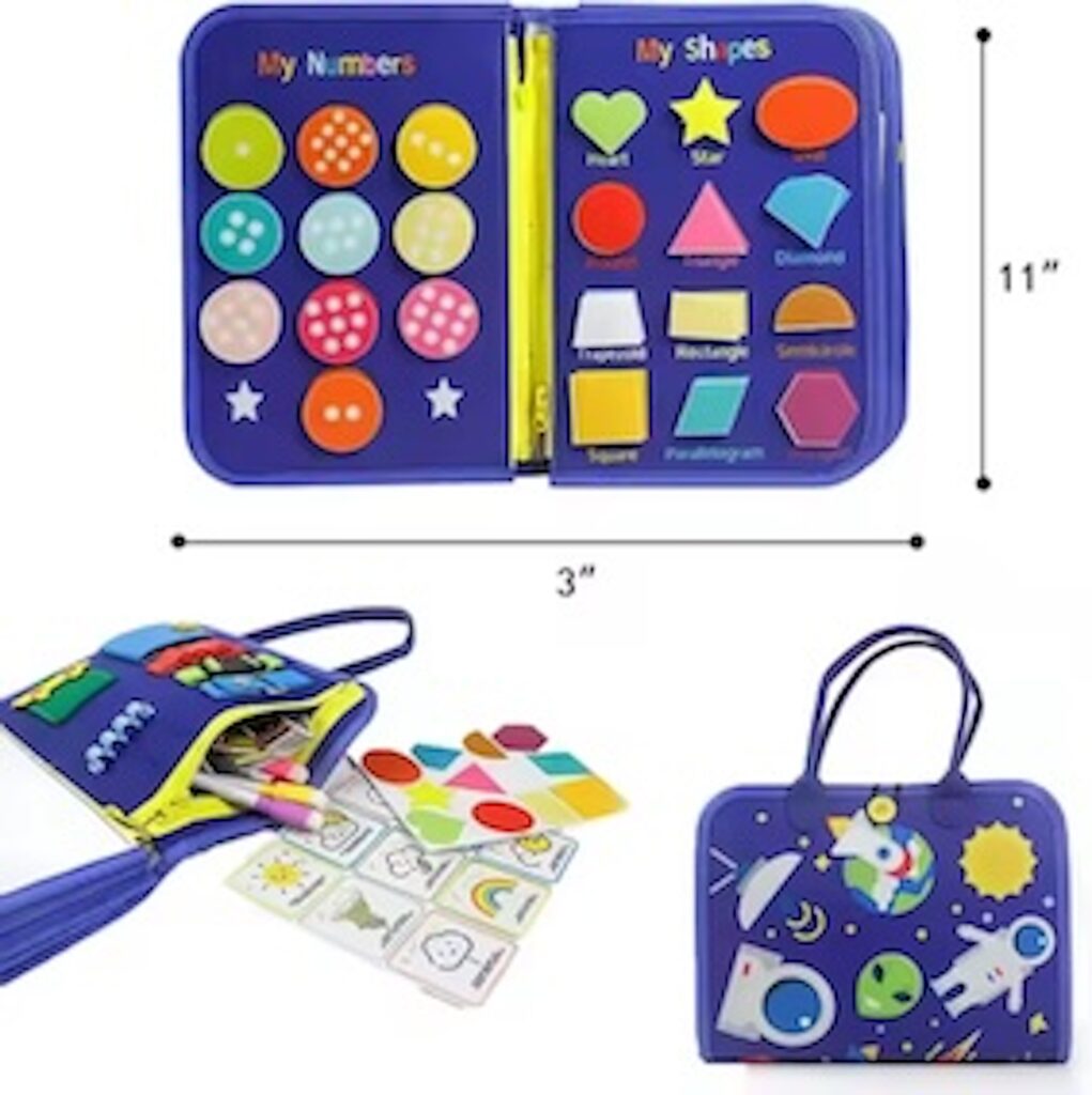 Space theme blue busy board book with removable 5-page design, featuring zippers, laces, buttons and educational activities for toddlers