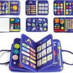 Space theme blue busy board book with removable 5-page design, featuring zippers, laces, buttons and educational activities for toddlers