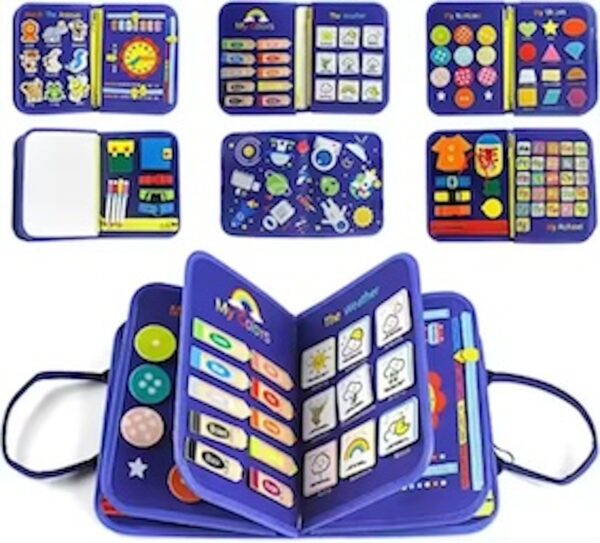 Space theme blue busy board book with removable 5-page design, featuring zippers, laces, buttons and educational activities for toddlers