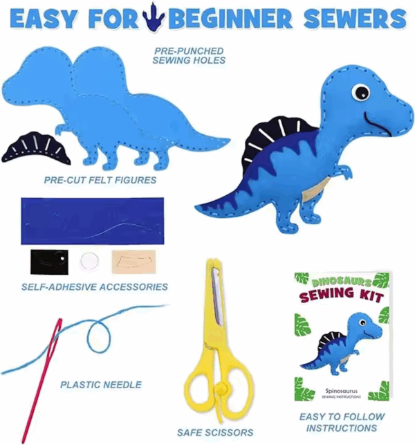 DIY felt dinosaur sewing kit for kids with pre-cut pieces, threads, and accessories